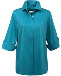 Perlavera - Cely Petrol Solid Cotton Satin Three Quarter Sleeve Length Missy Fit Shirt - Lyst