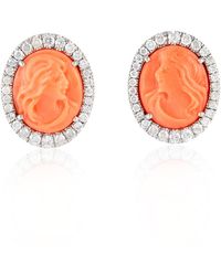 Artisan - 18K Carved Coral Cameo & Diamond Stud Earrings - Lyst