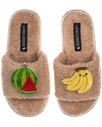 Laines London - Teddy Slider Slippers With Laines Lovables Watermelon & Banana Brooches - Lyst