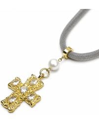 Kirei - Cipher – Stainless Steel Mesh Necklace With Cross, Shell Pearl & Cubic Zirconia - Lyst