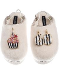 Laines London - Neutrals Flatform Cloud Closed Toe Slippers With Stripe 60Th Birthday & Cake Brooches - Lyst