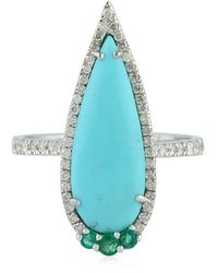 Artisan - 18k Gold Ring With Turquoise Emerald & Pave Diamonds Handmade Jewelry - Lyst