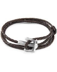 Anchor and Crew - Dark Brown Union Anchor Silver & Braided Leather Bracelet - Lyst