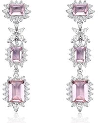 Genevive Jewelry - Sterling Silver With Rhodium Plated Morganite Emerald With Clear Cubic Zirconia Halo Three-tier Earrings - Lyst