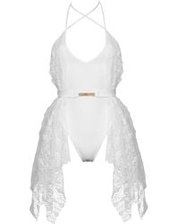 ANTONINIAS - Sumptuous Deep V One-Piece Swimsuit With Side Lace Detail And A Belt - Lyst