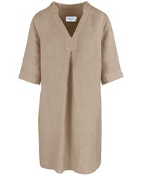 Haris Cotton - Neutrals Linen Dress With Notched Neckline Beach Sand - Lyst