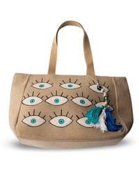 Casa Duniya - Neutrals Nissi Hand-Painted Evil Eye Canvas Tote - Lyst
