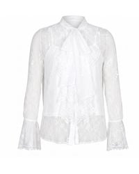 Modenaire - Sheer Lace Blouse With Bow Tie Neck Ruffle Front Detail With Cami - Lyst
