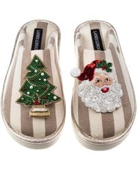 Laines London - Neutrals Flatform Stripe Closed Toe Slippers With Christmas Tree & Santa Clause Brooches - Lyst