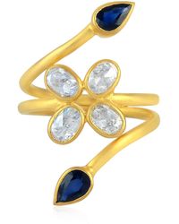 Artisan - 18k Solid Yellow Gold Rose Cut Diamond Sapphire Between The Finger Ring - Lyst