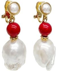 Farra - Baroque Pearl With Coral Clip-On Earrings - Lyst