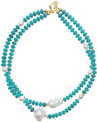 Farra - Turquoise With Baroque Pearl Double Layers Statement Necklace - Lyst