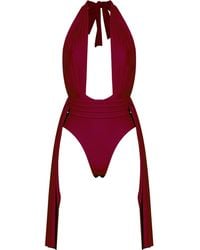 ANTONINIAS - Plonger Deep Plunge Halter Neck Swimsuit With Decorative Belt - Lyst