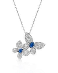 Genevive Jewelry - Sterling Silver White Gold Plated Blue Sapphire & Diamond Cubic Zirconia Double Fluttering Butterfly Pendant Necklace - Lyst