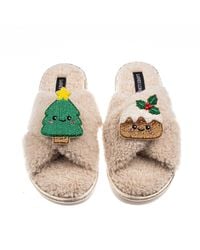 Laines London - Neutrals Laines Boucle Slippers With Christmas Lovable Pudding & Tree Brooches - Lyst