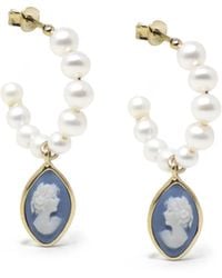 Vintouch Italy - April Gold-plated Pearl And Sky Blue Cameo Hoop Earrings - Lyst