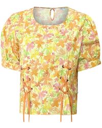 Perlavera - Daniel Cotton Peach Strings Printed Puff Sleeve Shirt With Eyelets - Lyst