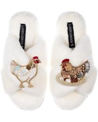 Laines London - Neutrals Classic Laines Slippers With Chicken & Hen On Nest Brooches - Lyst