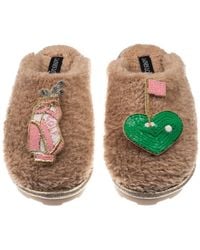 Laines London - Neutrals Teddy Closed Toe Slippers With Golf Lover Brooches - Lyst