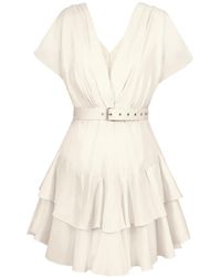 ALINA CERNĂTESCU - Neutrals Oasis Linen Bamboo Holiday & Cocktail Ruffle Midi Dress With Textile Belt - Lyst