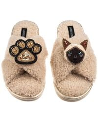 Laines London - Neutrals Boucle Slippers With Paw & Siamese Cat Brooches - Lyst