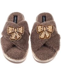 Laines London - Neutrals Neutral Boucle Slippers With & Pearl Beaded Pretty Bow Brooches - Lyst