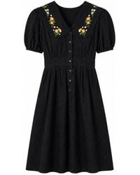 Yumi' - Short Sleeve Midi Dress With Floral Embroidery - Lyst