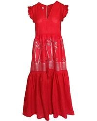 Haris Cotton - Embroidered Linen Maxi Dress With Frills On The Shoulders - Lyst