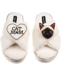 Laines London - Neutrals Boucle Slippers With Cat Mum/Mom & Siamese Cat Brooches - Lyst