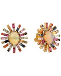 Artisan - Oval Cut Ethiopian Opal & Multi Baguette Sapphire Pave Diamond In 18k Gold Stud Earrings - Lyst