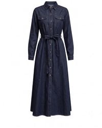 Tantra Spain Sl - Midi Shirt Dress With Chest Pockets, Flared Skirt, And Belt Dark Denim - Lyst