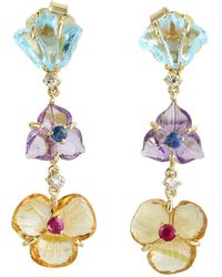 Artisan - Carving Mix Stone & Ruby With Sapphire Natural Diamond In 14k Gold Flower Dangle Earrings - Lyst