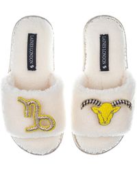 Laines London - Teddy Towelling Slipper Sliders With Capricorn Zodiac Brooches - Lyst