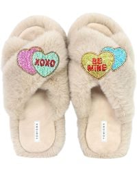 Yomisma - Neutrals Eco Faux Fur Slippers – Recycled Faux Fur “Be Mine + Xo” Valentines Removable Hand Beaded Brooches - Lyst