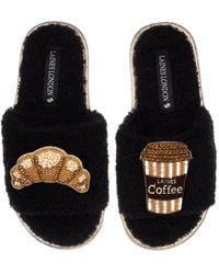 Laines London - Teddy Toweling Slipper Sliders With Coffee & Croissant Brooches - Lyst