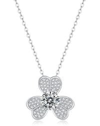 Genevive Jewelry - Stella Sterling Plated With Lab Created Moissanite French Pave Blooming Flower Solitaire Pendant Necklace - Lyst