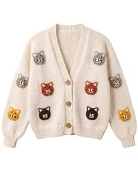 Ana Chic - Neutrals Cat Motif Handmade Knitted Cardigan - Lyst