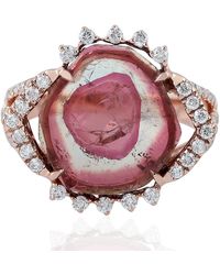 Artisan - Rose Gold Watermelon Tourmaline Diamond Cocktail Ring Handmade - Lyst
