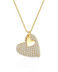Genevive Jewelry - Sterling Silver Yellow Gold Plated With Diamond Cubic Zirconia Pave Double Dangle Heart Charm Pendant Layering Necklace - Lyst