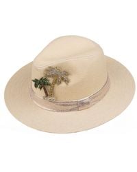 Laines London - Neutrals Straw Woven Hat With Embellished Couture Palm Tree Brooch - Lyst