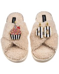 Laines London - Neutrals Laines Neutral Boucle Slippers With Stripe 40Th Birthday & Cake Brooches - Lyst