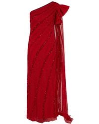 Raishma - Blossom A One Shoulder Floor Length With An Attached Stole With Frill On The Shoulder Gown - Lyst