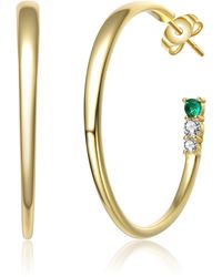 Genevive Jewelry - Rhodium-plated With Diamond And Emerald Cubic Zirconia Three-stone C-hoop Earrings In Sterling Silver - Lyst