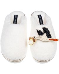 Laines London - Neutrals Cream Teddy Closed Toe Slippers With New Baby Stork Brooches - Lyst