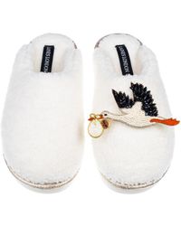 Laines London - Neutrals Cream Teddy Closed Toe Slippers With New Baby Stork Brooches - Lyst