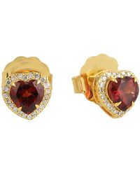 Artisan - Red Heart Shape Garnet Gemstone & Pave Diamond In 18k Yellow Gold Stud Earrings - Lyst