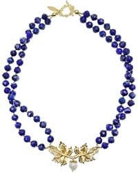 Farra - Lapis Stones With Leaf Charm Double Strands Statement Necklace - Lyst