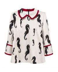Julia Allert - Neutrals Ivory Seahorse Print Blouse With Cuffs – Capsule Edition - Lyst