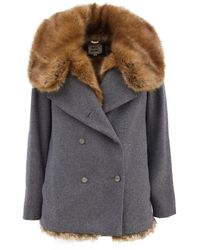 Julia Allert - Mid-thigh Length Double-breasted Coat With Fur Collar Grey - Lyst