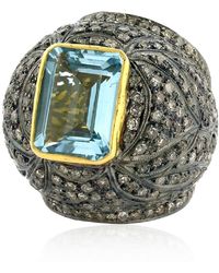 Artisan - 14k Gold & 925 Sterling Silver Cocktail Ring In Emerald Cut Blue Topaz With Pave Diamond - Lyst